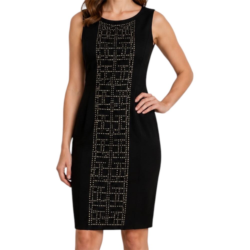 Karl Lagerfeld Paris Black Gold Embellished Sheath Dress Office Sz 16 Classy